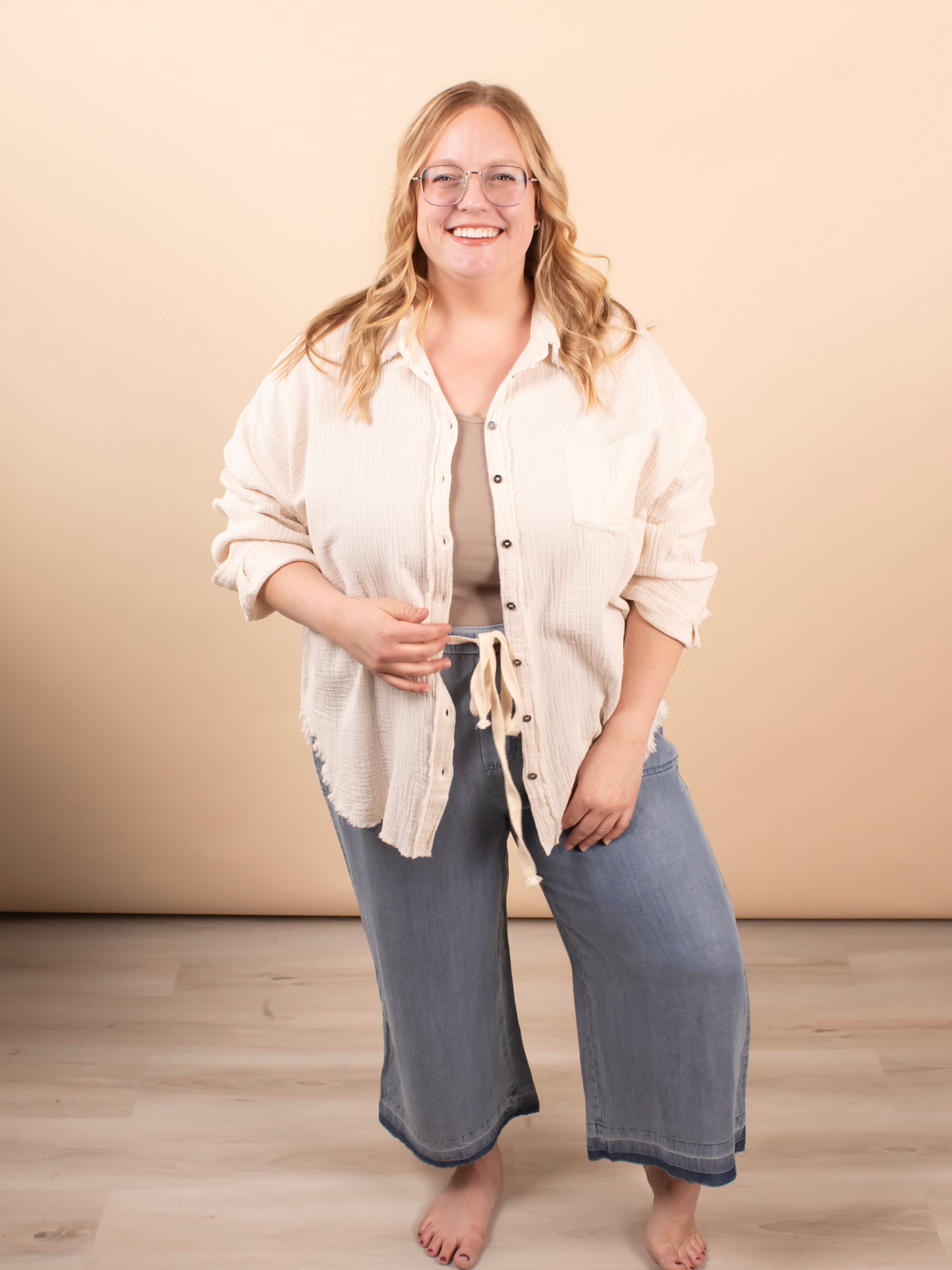 Spring Skies Gauze Button Down in Beige - K & Company