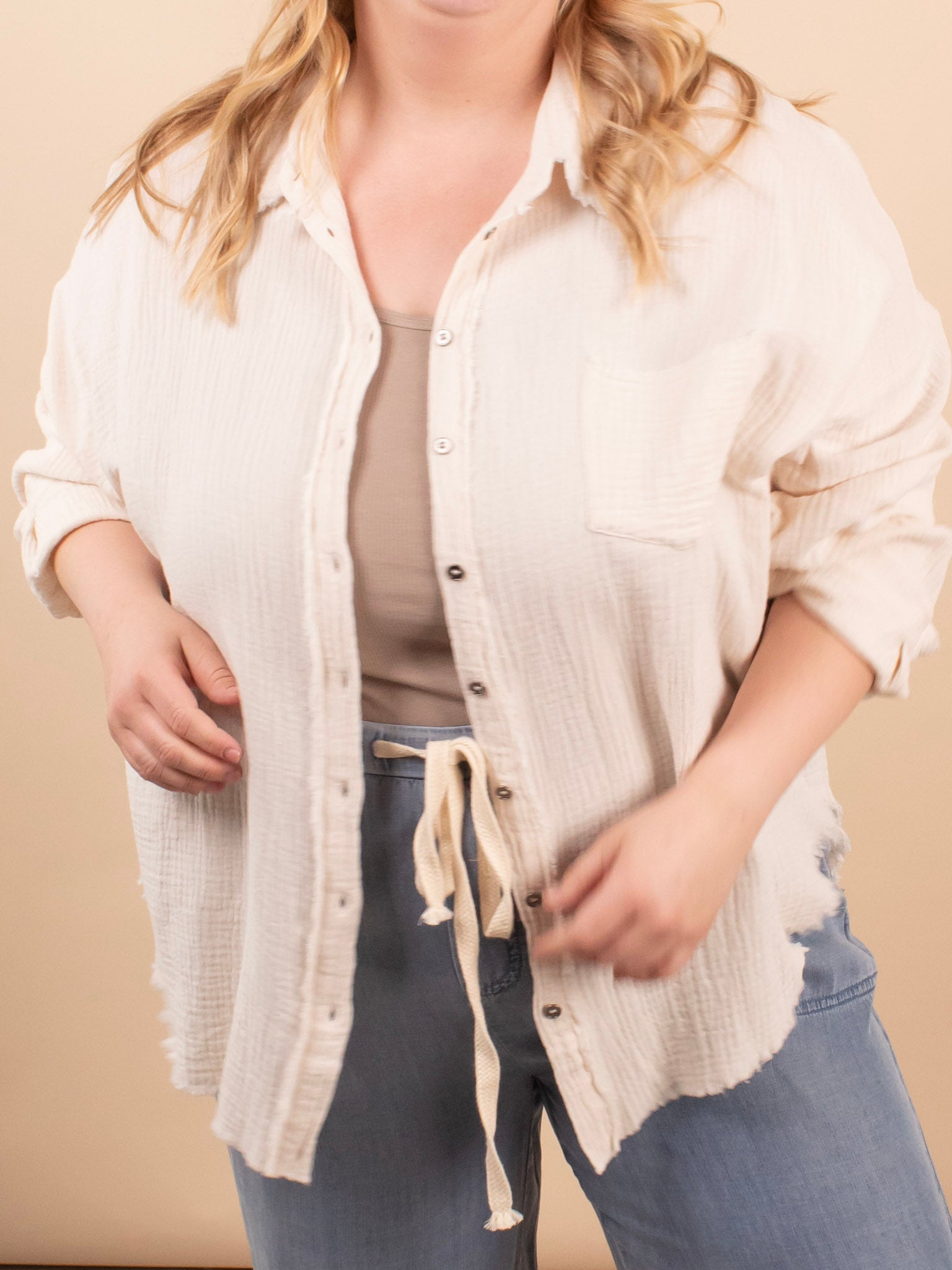 Spring Skies Gauze Button Down in Beige - K & Company