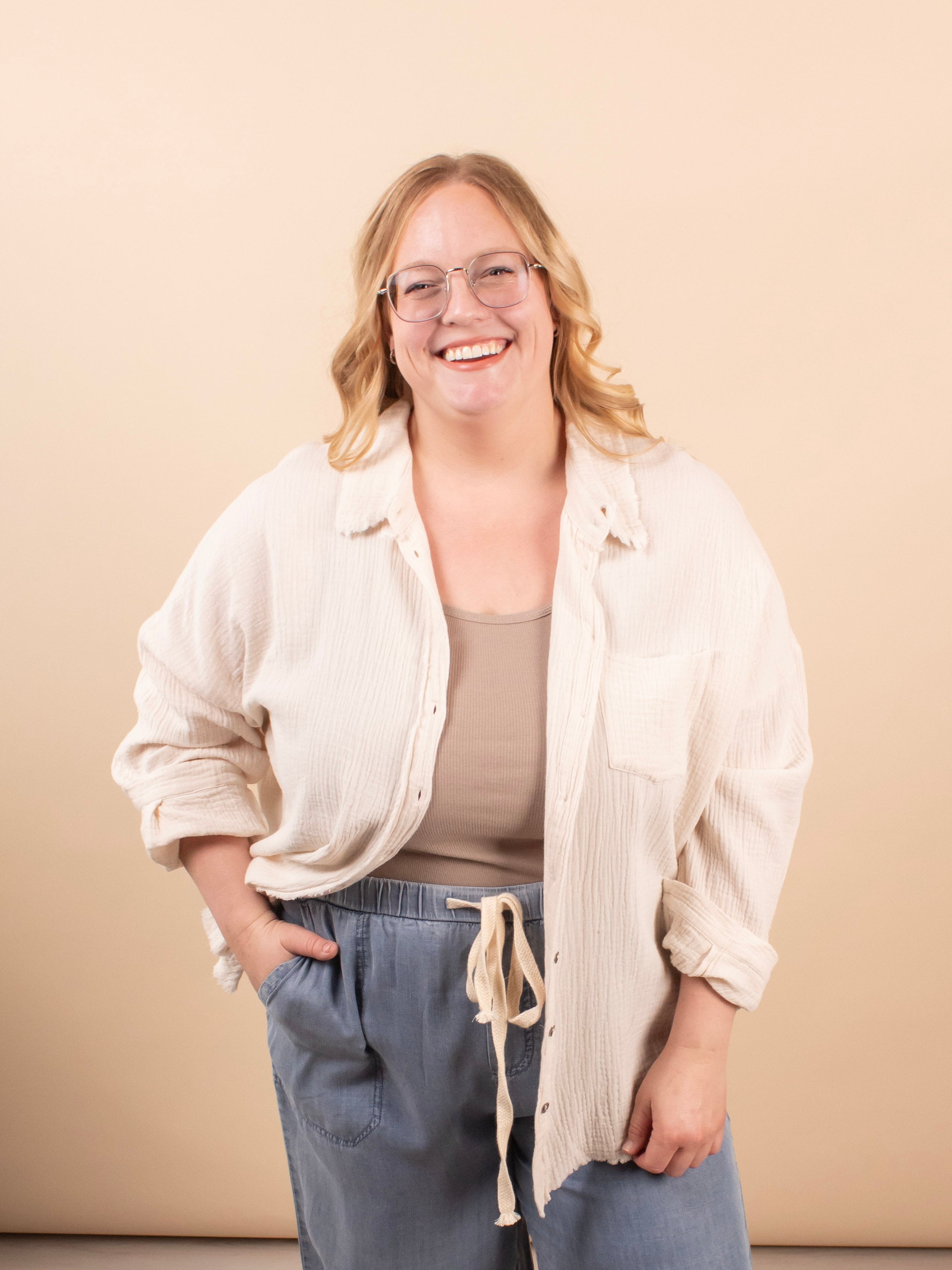 Spring Skies Gauze Button Down in Beige - K & Company