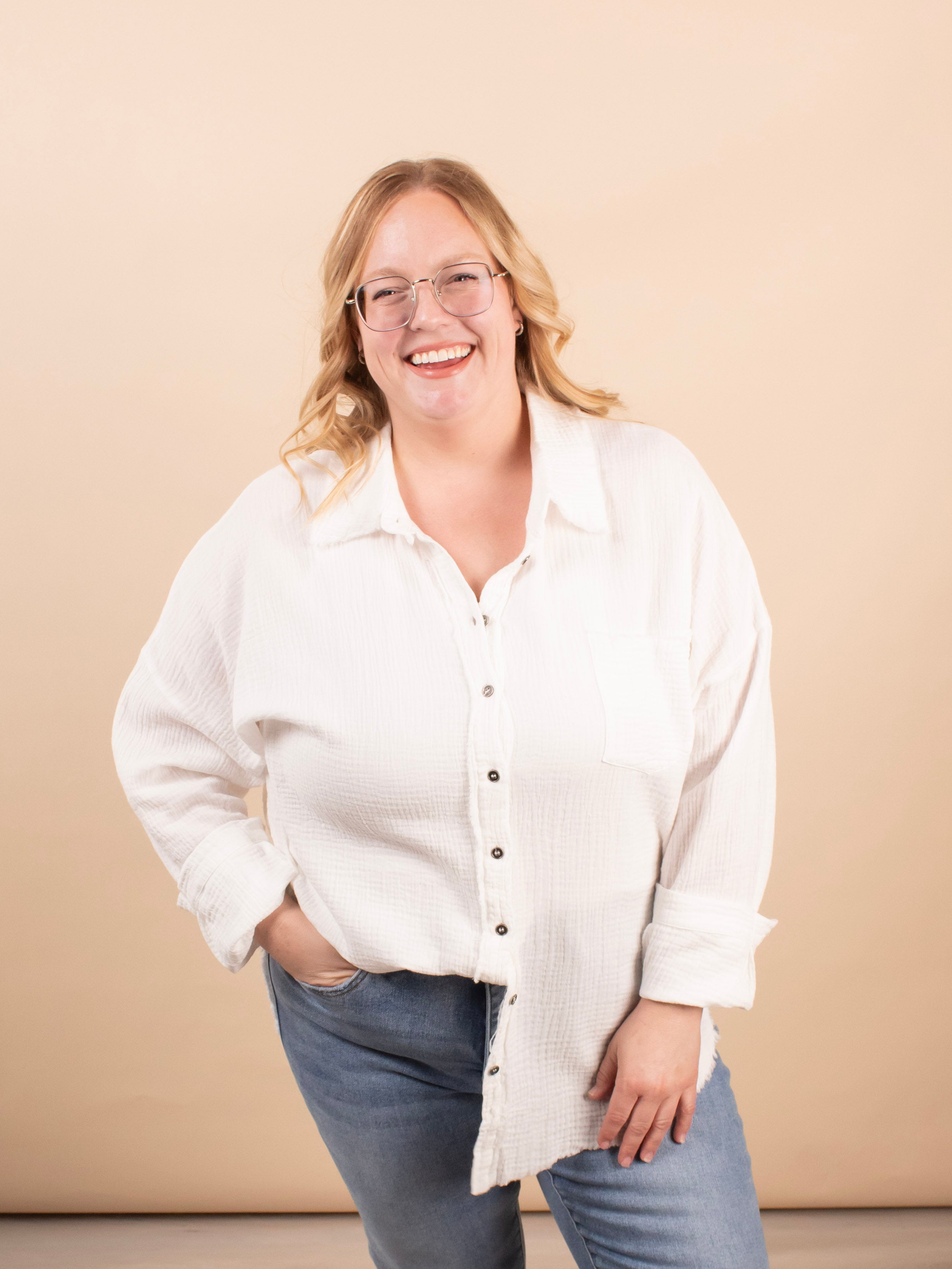 Spring Skies Gauze Button Down in White - K & Company
