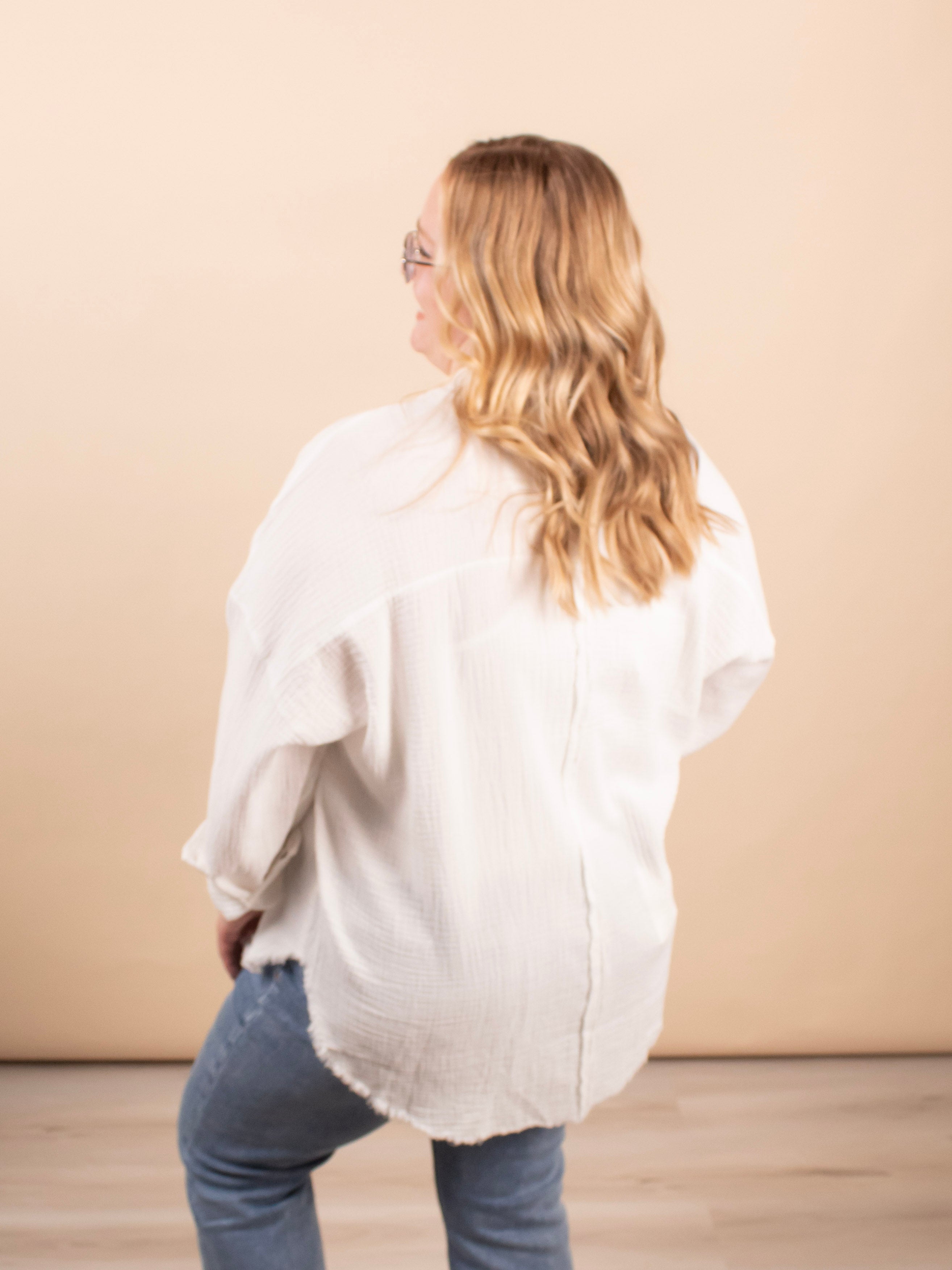 Spring Skies Gauze Button Down in White - K & Company