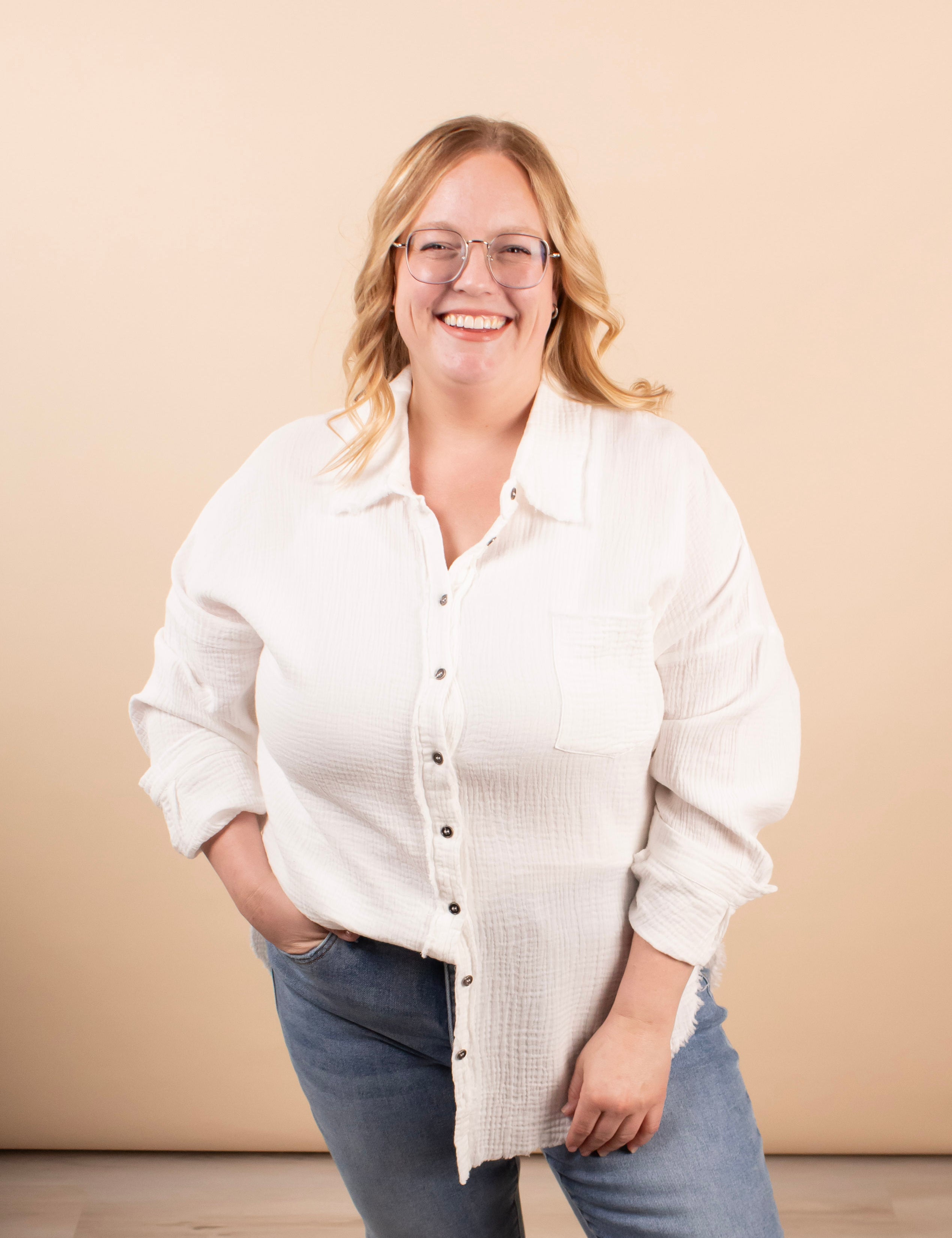 Spring Skies Gauze Button Down in White - K & Company