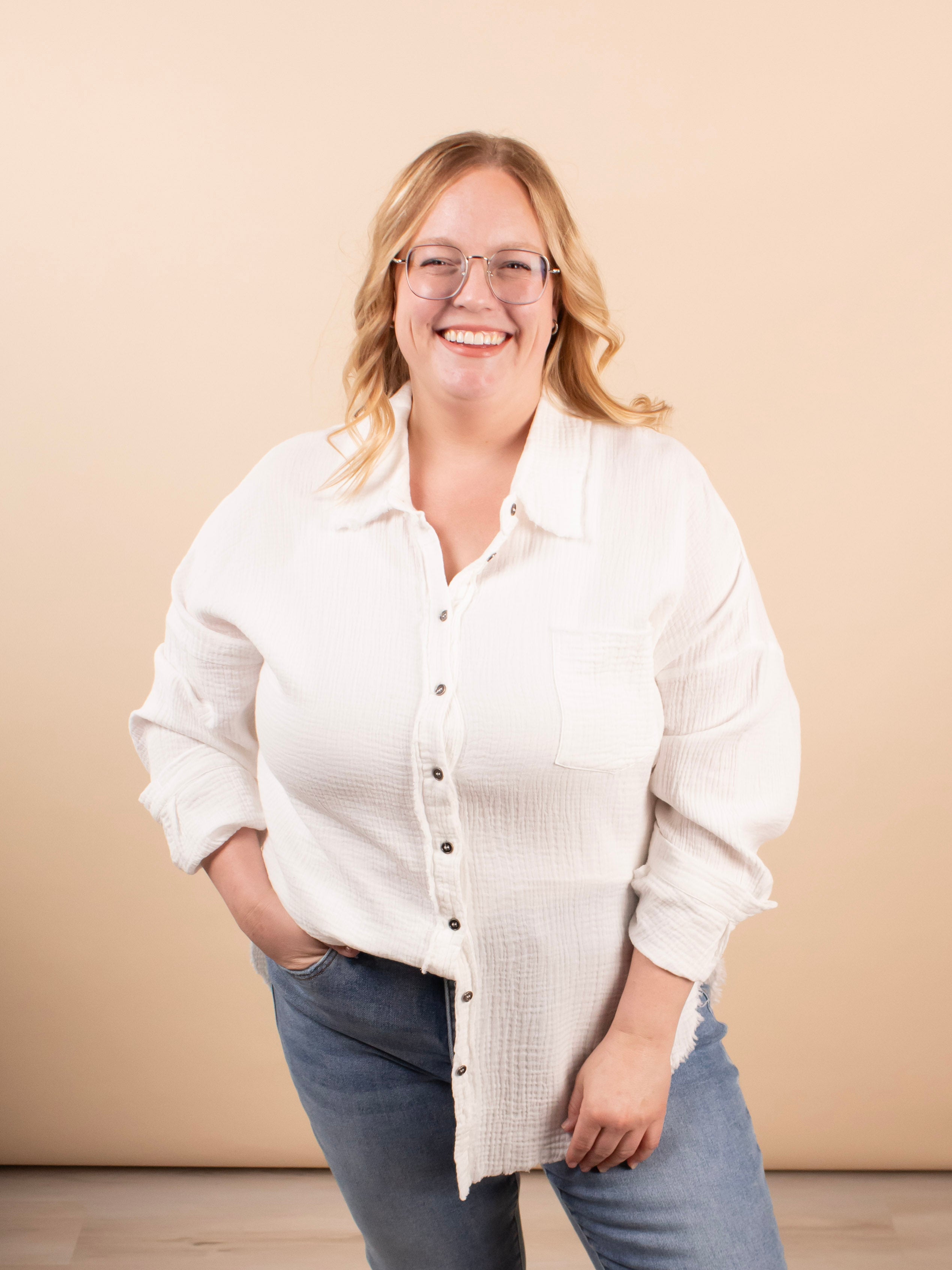 Spring Skies Gauze Button Down in White - K & Company