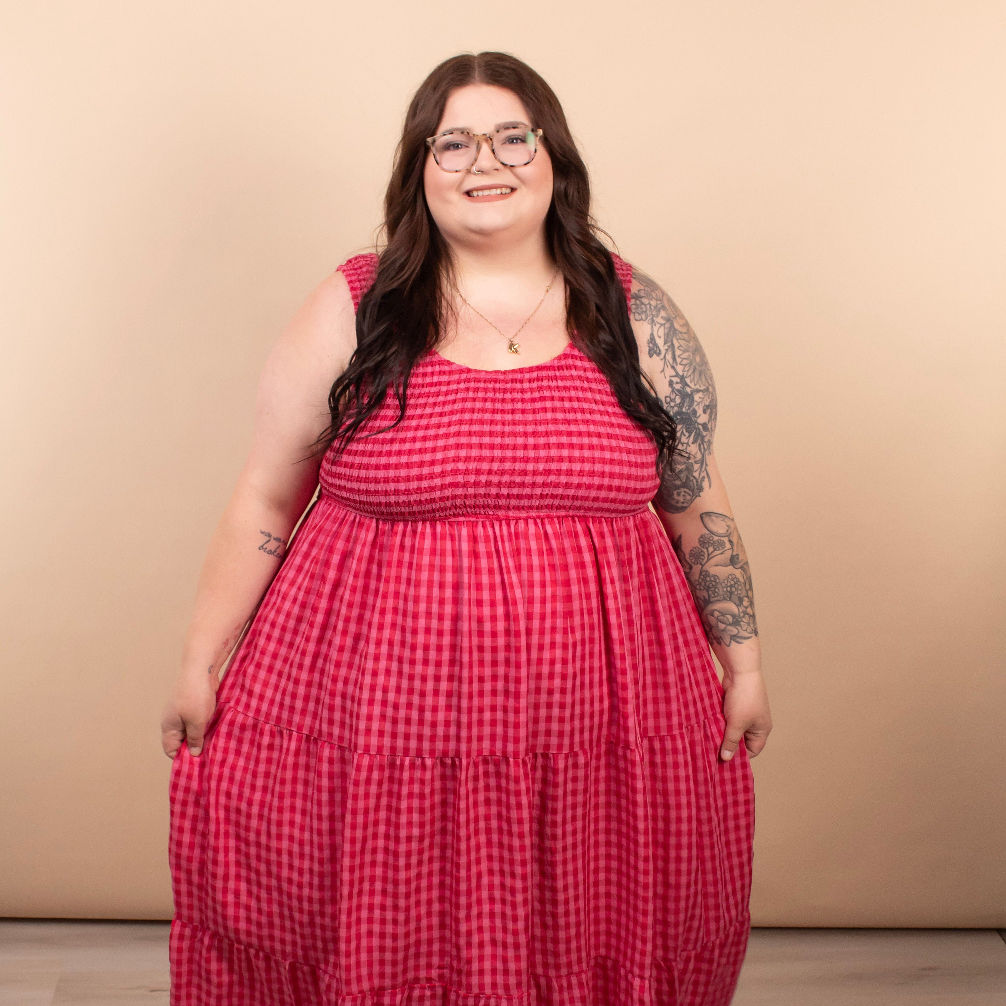 pink gingham dress plus Bright Side Smocked Gingham Maxi Dress Curves