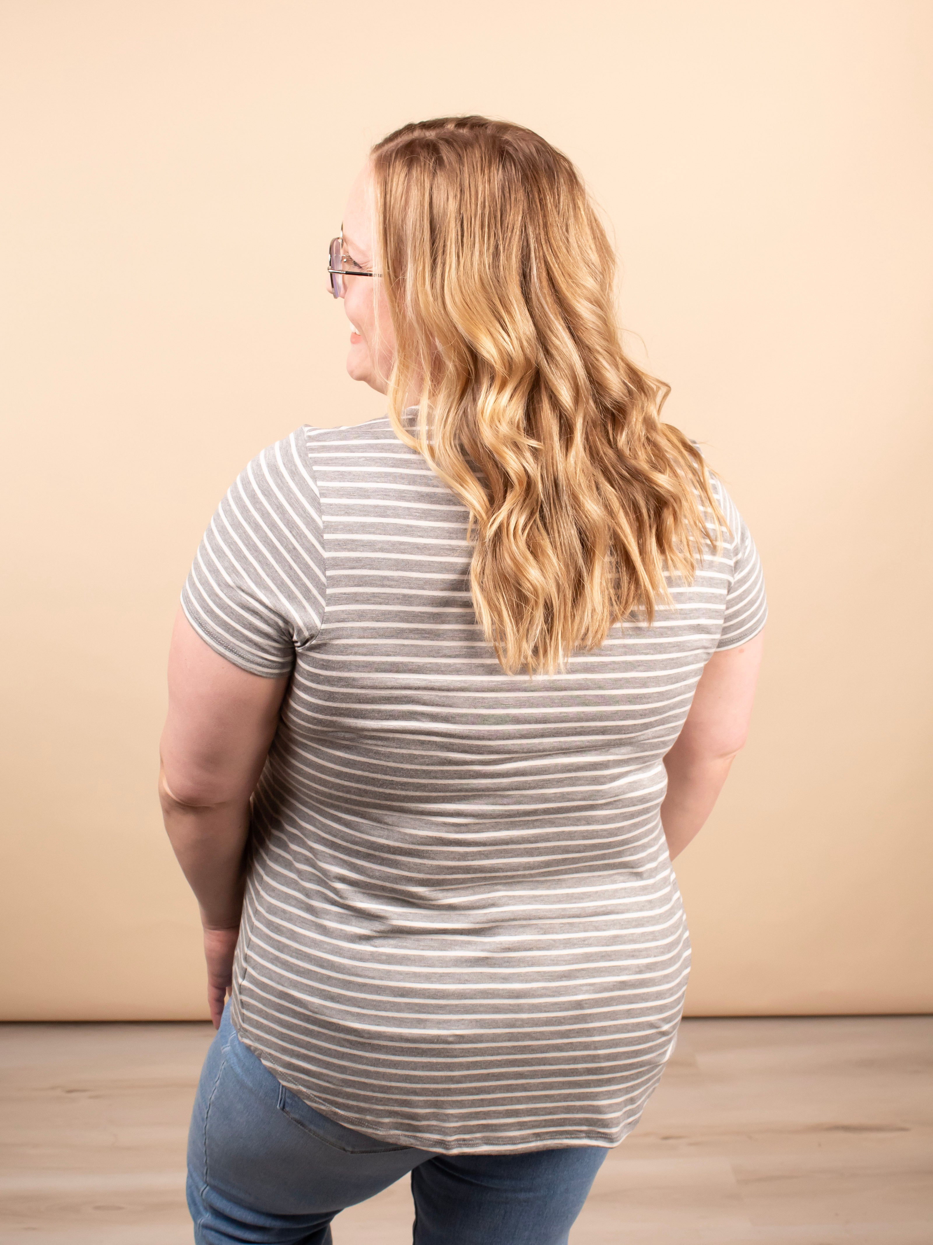 Wear Everywhere Tee in Grey + White Stripes - K & Company