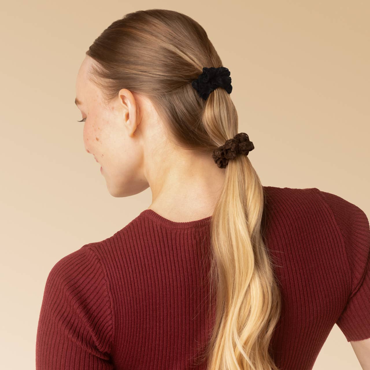Ruched Lace Scrunchies 5pc Set - Black, Chocolate & Mocha - K & Company