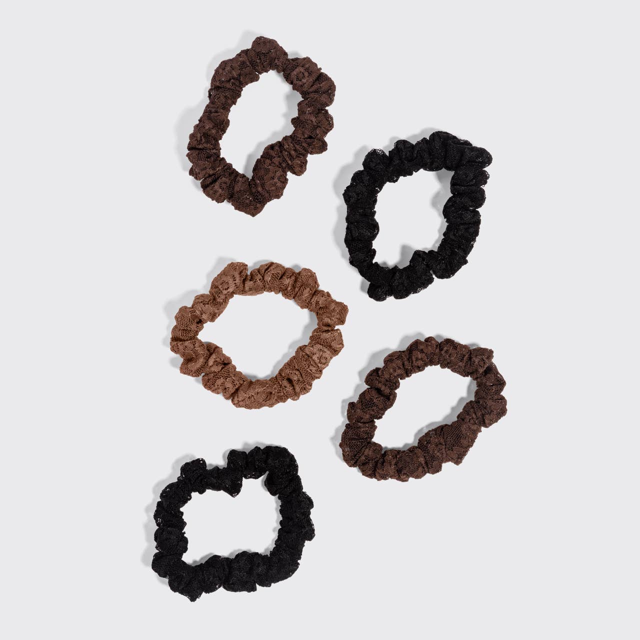 Ruched Lace Scrunchies 5pc Set - Black, Chocolate & Mocha - K & Company
