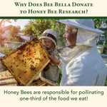 Two people in beekeeping suits examining a honeycomb frame with text about bee donation to research.